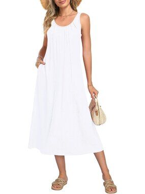 Women's White Summer Maxi Dress Sleeveless Back Hollow Out Long Beach Dress